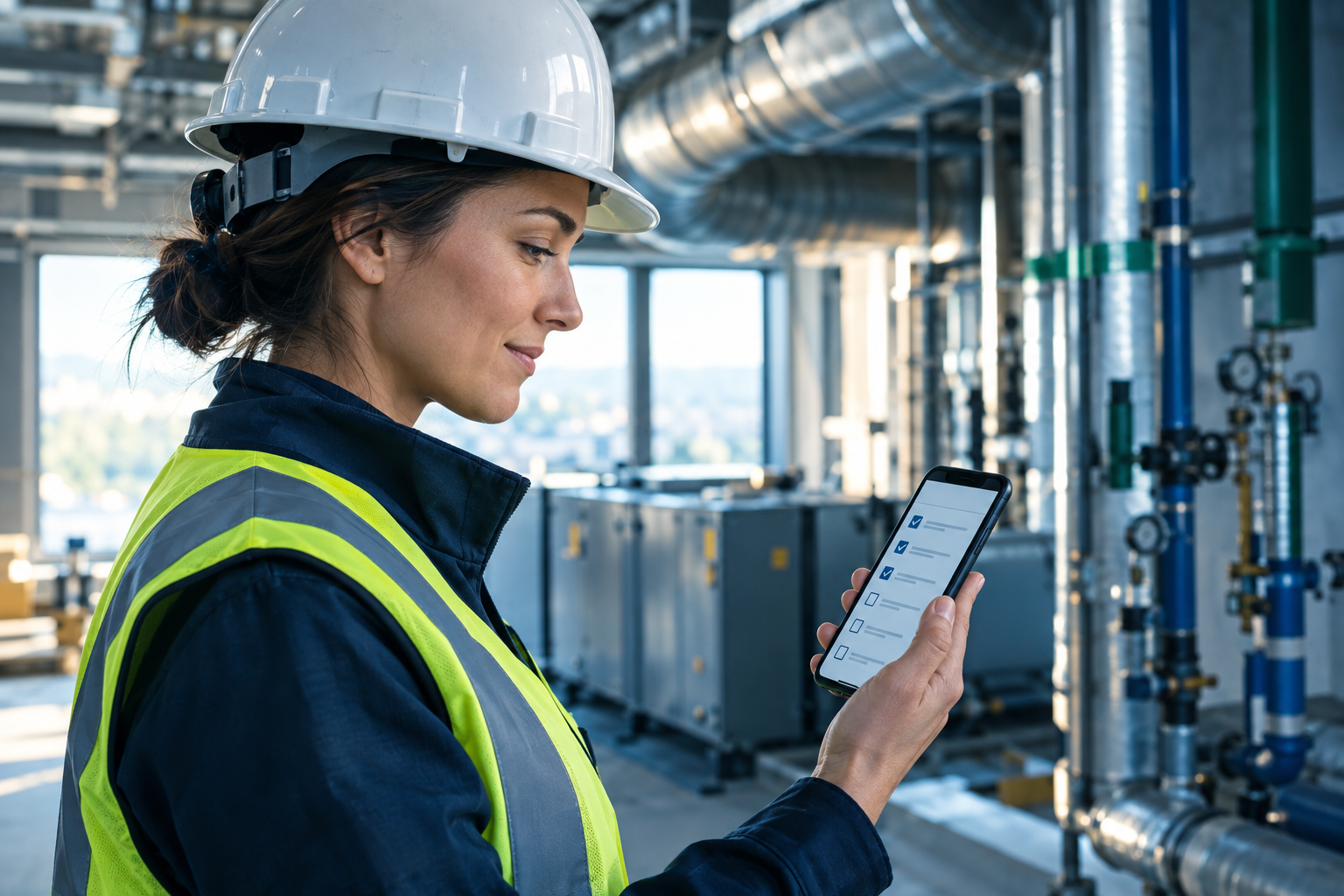 Field technician reviewing a commissioning checklist on a phone inside a mechanical room
